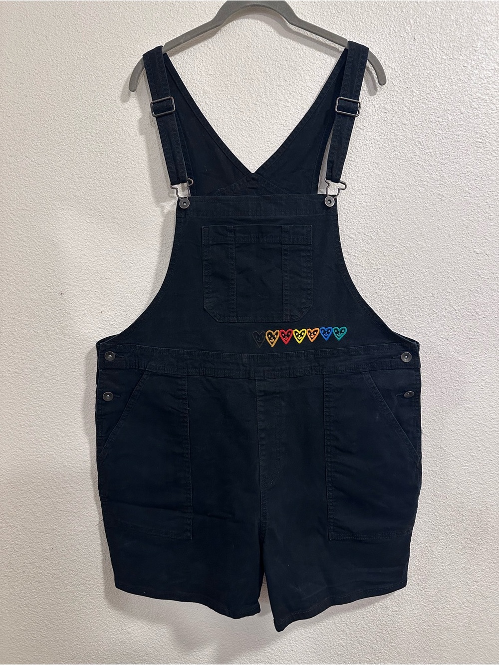 Converse Black Denim Short Overalls with Rainbow Heart Detail
